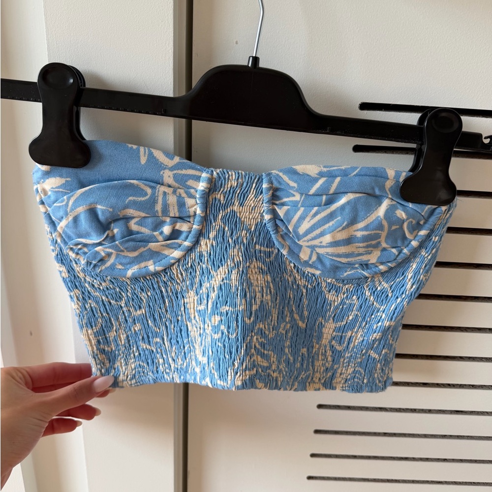 ZARA Blue & White Bustier Crop Top S – Smocked Strapless Corset Style